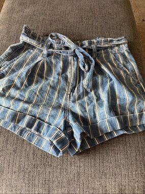 American Eagle Outfitters Blue Striped Tie-Waist Denim Shorts